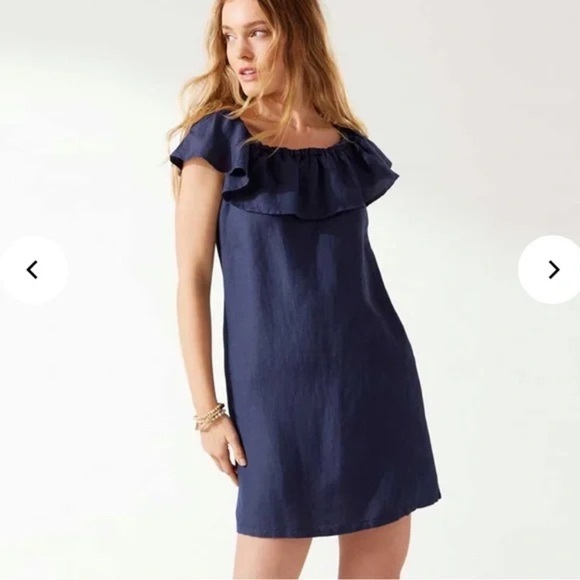 Tommy Bahama St. Lucia Linen Off The Shoulder Ruffle Dress Cover Up Mare Navy - Picture 1 of 5
